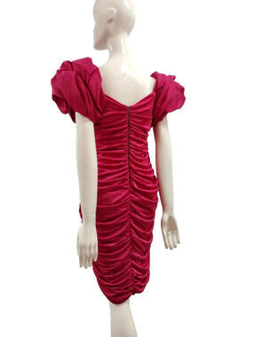 Dynasty 80s Samir Couture Pink Fuchsia Dress M Balloon Sleeve Draped Rhinestones